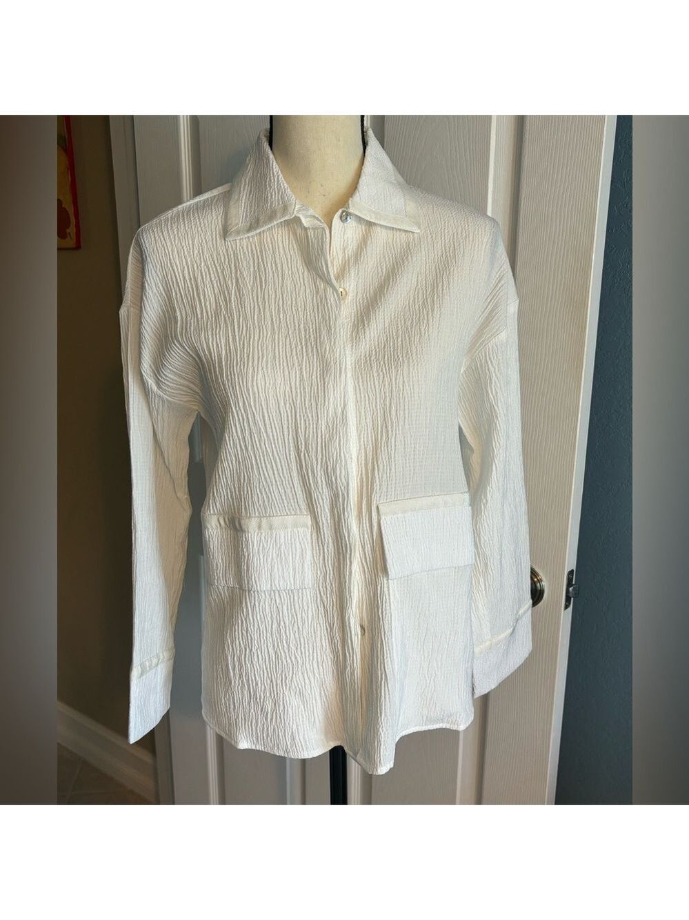 NWT Marla Wynne Crinkle Fabric Oversized Button Front Blouse 3/4 Sleeve Sz XS